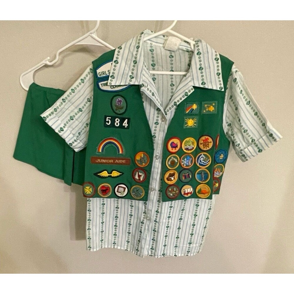 Vintage Vtg Girl Scout GS Green Junior Uniform Vest, Shirt, & Skirt